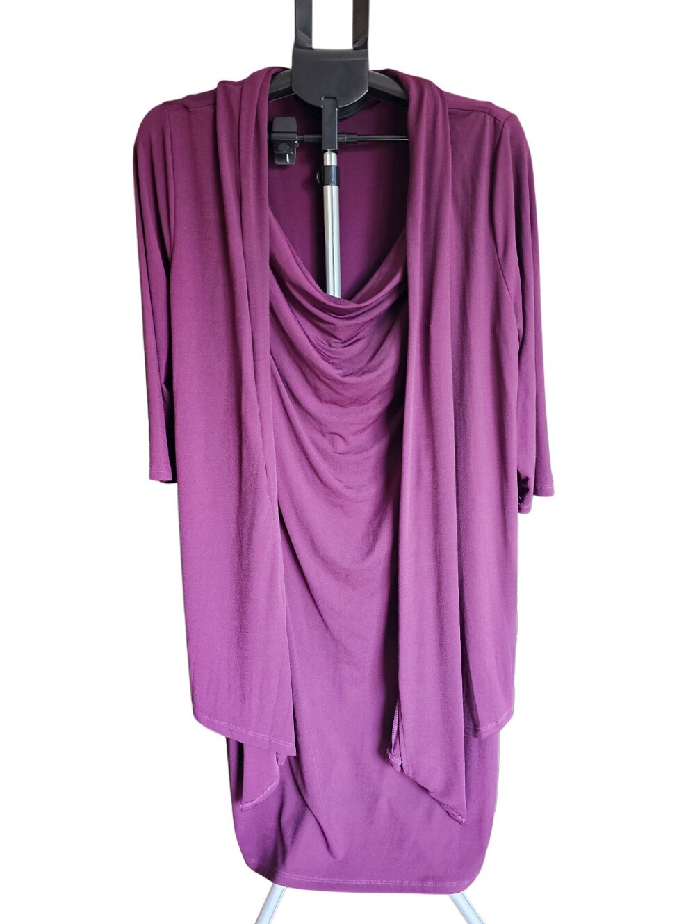 Plum Tone Open-Front Draped Cardigan Attached To Dress